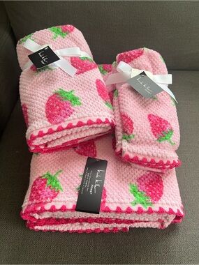 6pc Nicole Miller Pink Strawberry Bath Towel Set Hand Fingertip Textured Summer